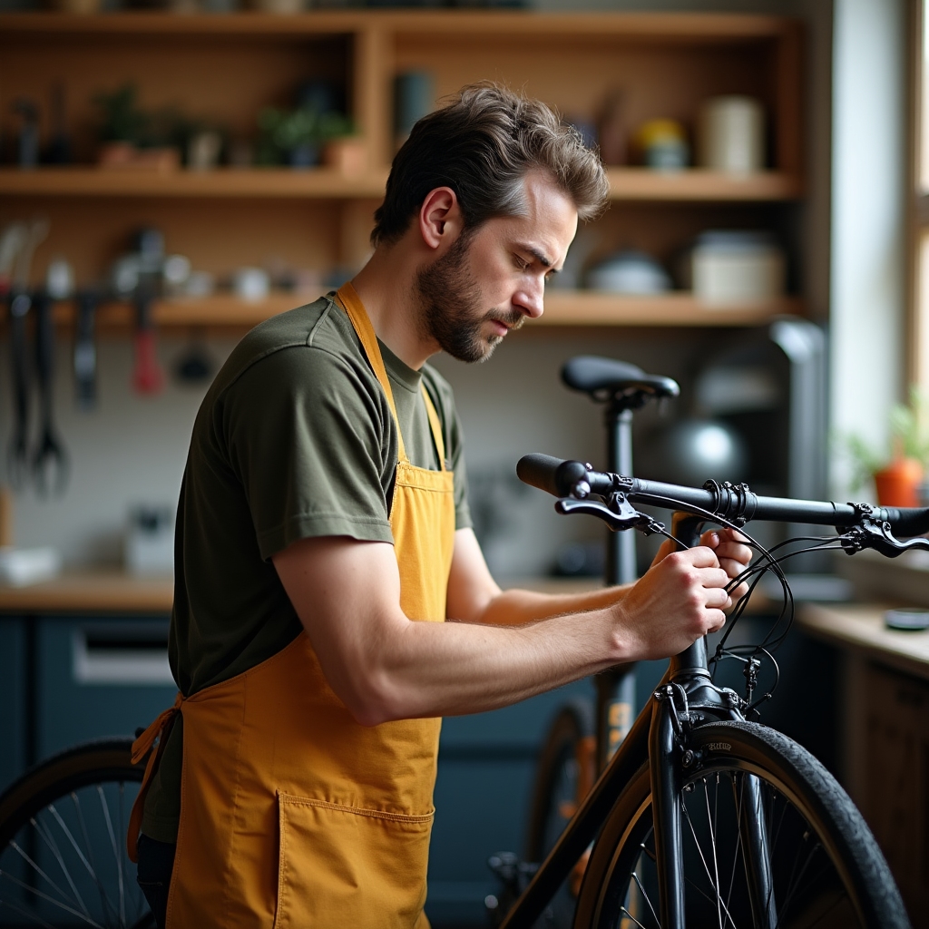 Mecánico revisando una bicicleta urbana en el taller