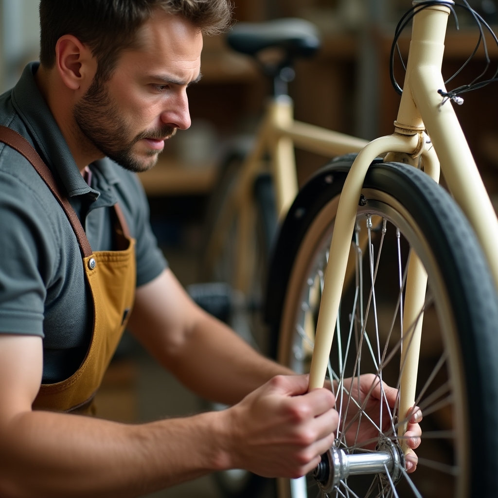 Mecánico revisando sistemáticamente una bicicleta en el taller